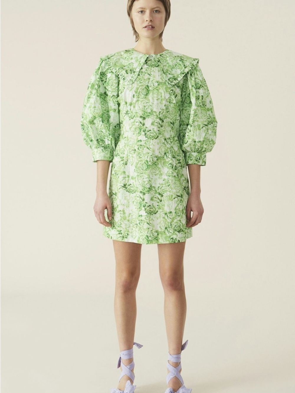 Ganni Floral Puff-Sleeve Mini Dress Size S